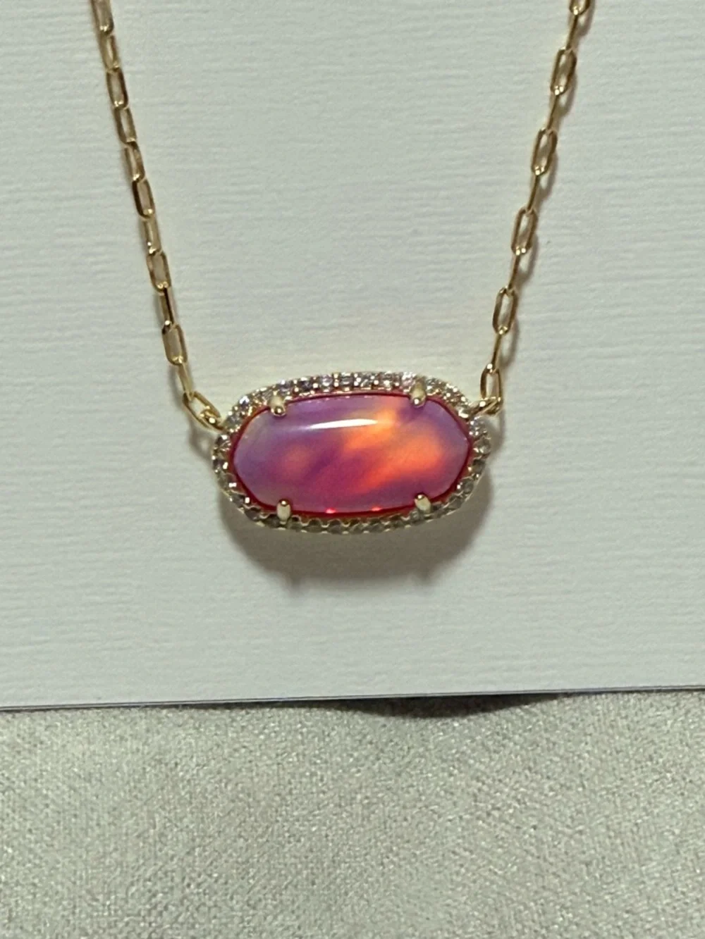 NWT Kendra Scott Elisa Pave Frame Gold Pendant Necklace in Pink Opalescent Resin - Picture 5 of 7